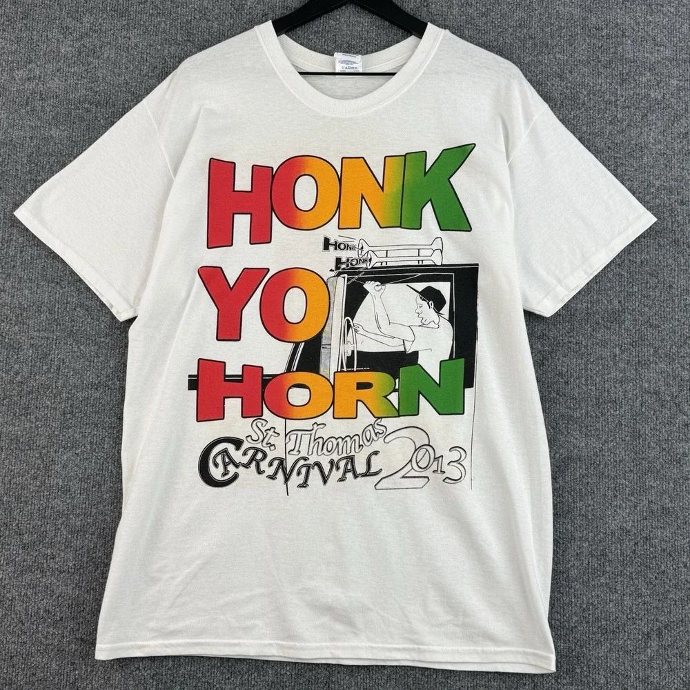 St Thomas Carnival 2013 Honk Yo Horn T Shirt Men's L White Graphic Double Sided